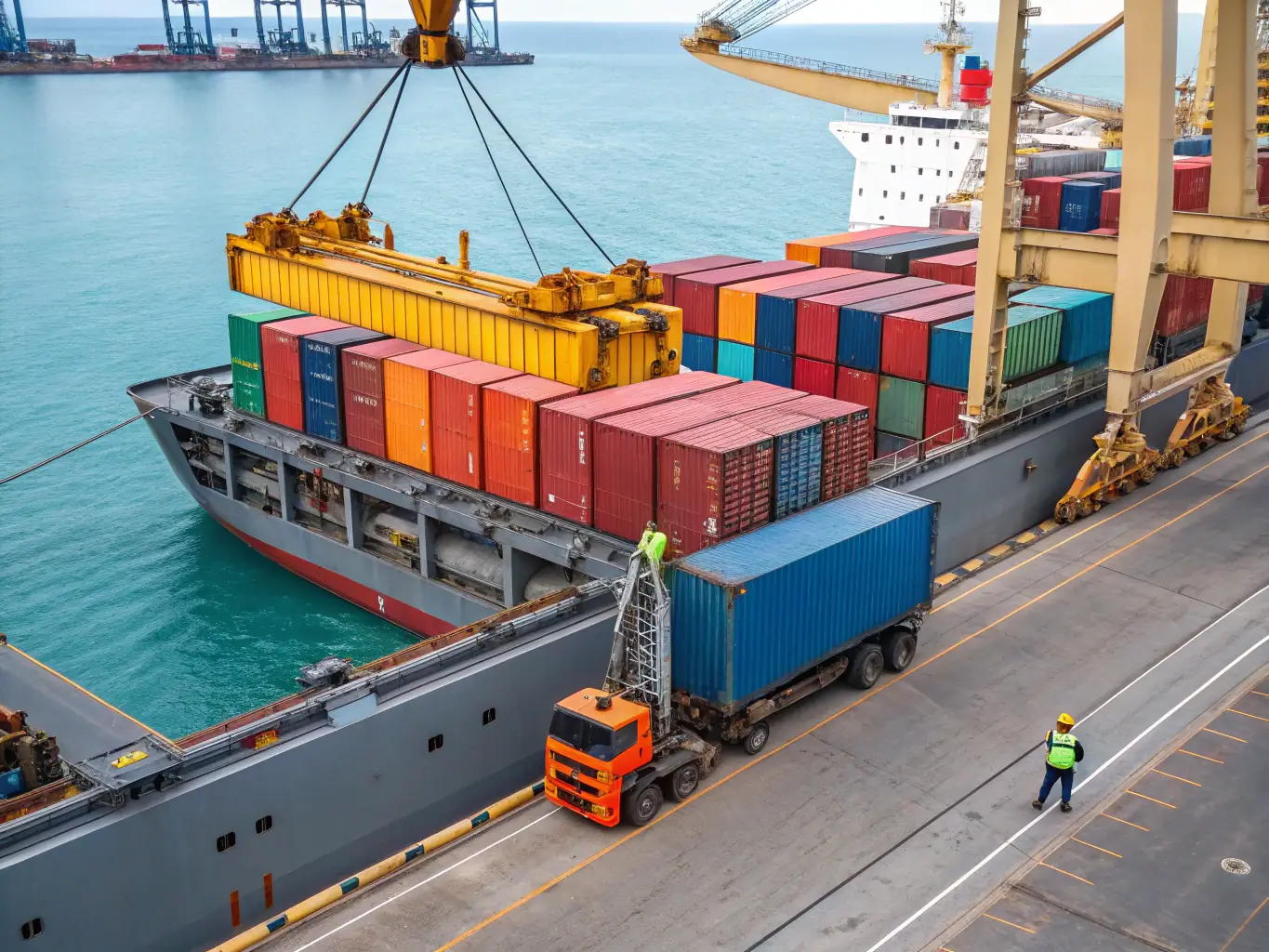 A cargo ship docked at a busy port with containers being loaded and unloaded, symbolizing global shipping capabilities.