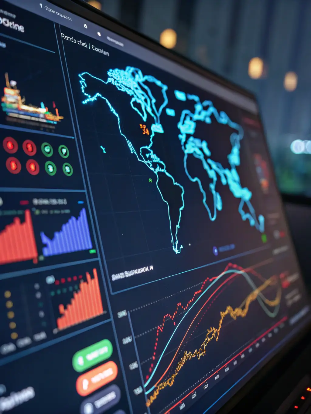 A digital interface displaying a real-time overview of a supply chain, with various modes of transport and warehousing locations connected, illustrating Agrux's integrated logistics solutions.