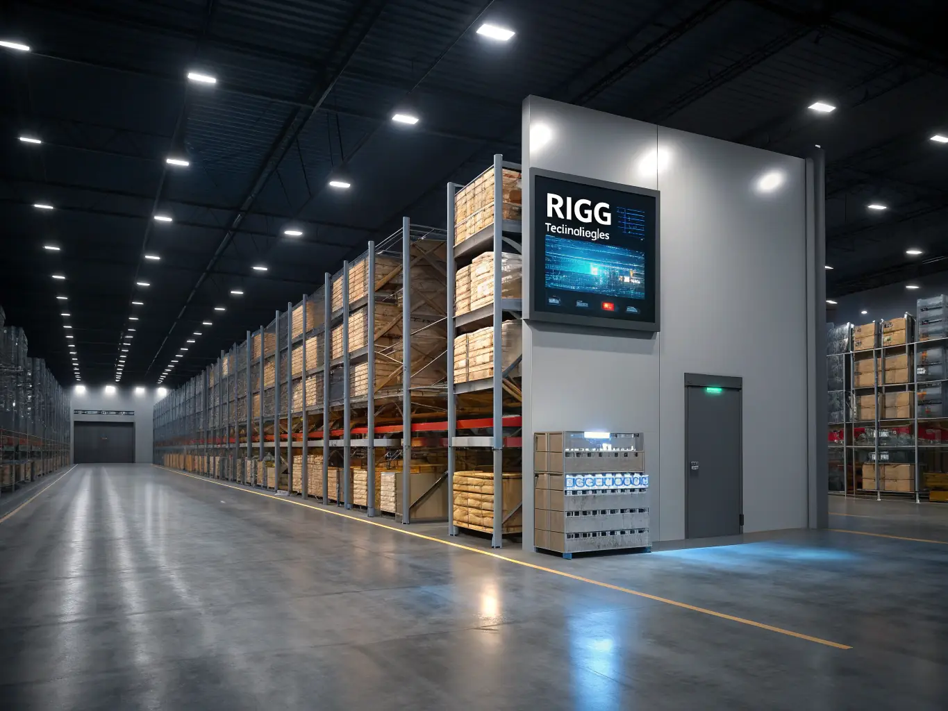A modern warehouse with automated storage and retrieval systems, illustrating advanced logistics technology.