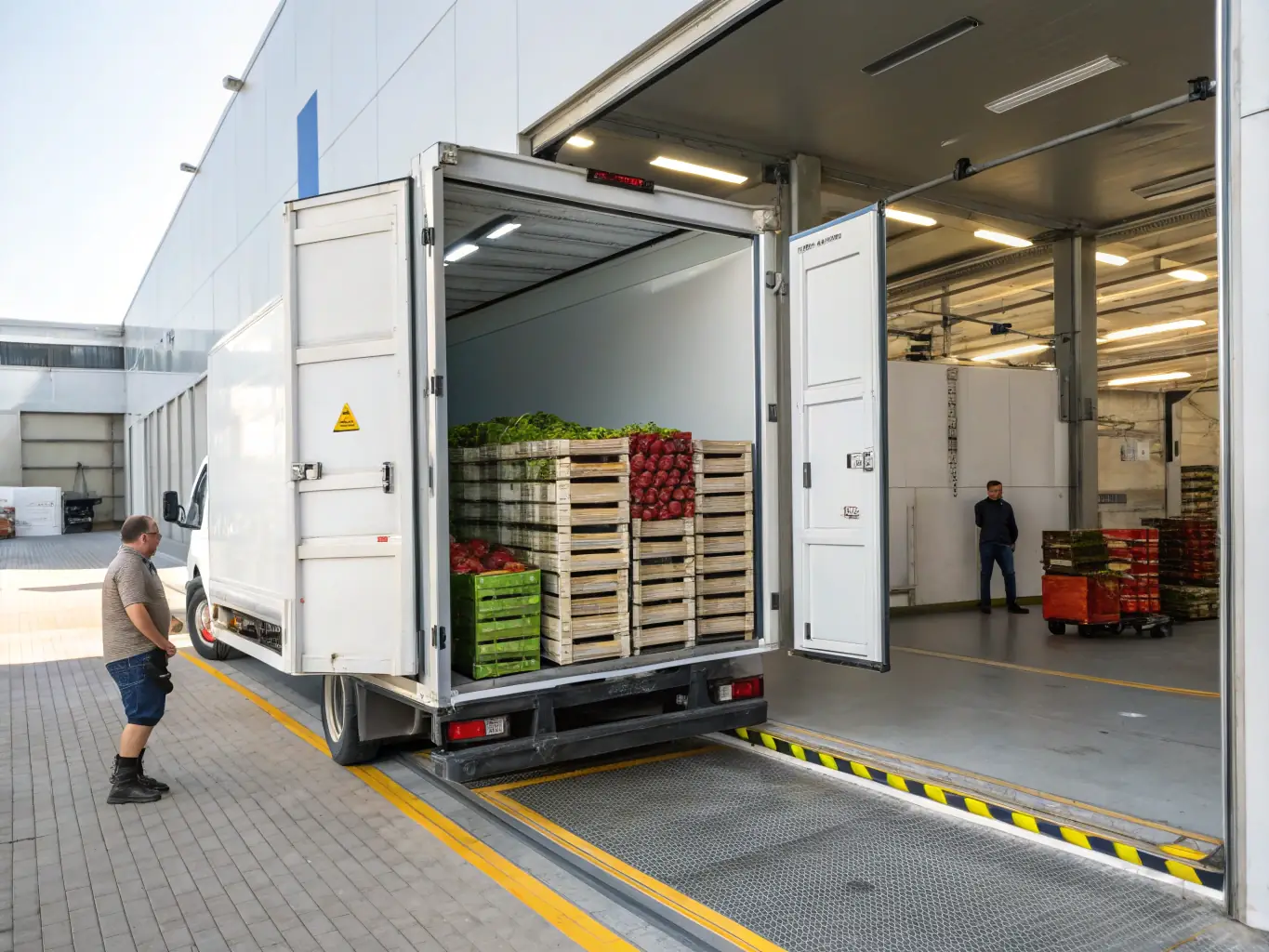 A refrigerated truck transporting fresh produce, emphasizing food safety and quality.