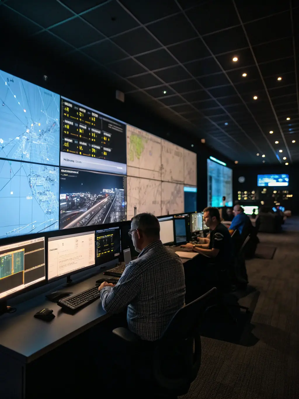 A team of logistics experts collaborating in a modern control room, monitoring shipments and optimizing routes using advanced software, highlighting Agrux's commitment to technological integration.